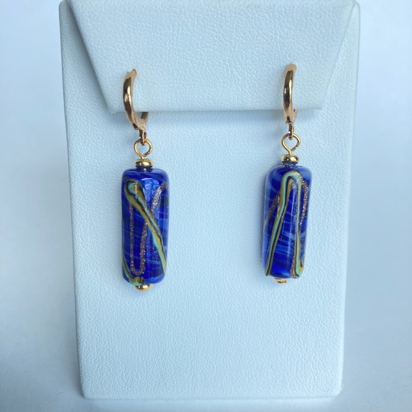 Blue Art Glass Earrings, Handmade, Mod Artisan Murano Glass Earrings - Picture 5 of 7